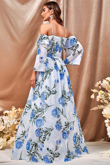White Blue Flower A Line Long Ball Dress with Ruffled Sleeves